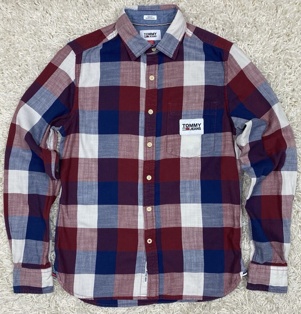 Tommy Hilfiger Jeans Mens XS Slim Fit Plaid Button Up Shirt Red Navy Long Sleeve